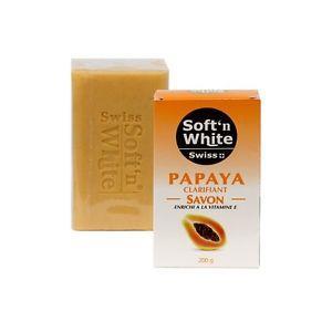 SOFT & WHITE PAPAYA SOAP 100% Natural, NO SIDE EFFECTS Works all over the Body creating a Lighter More even Skin Tone Mamado Swiss Soft n White Papaya Lightening Cream is enriched with Vitamin E.