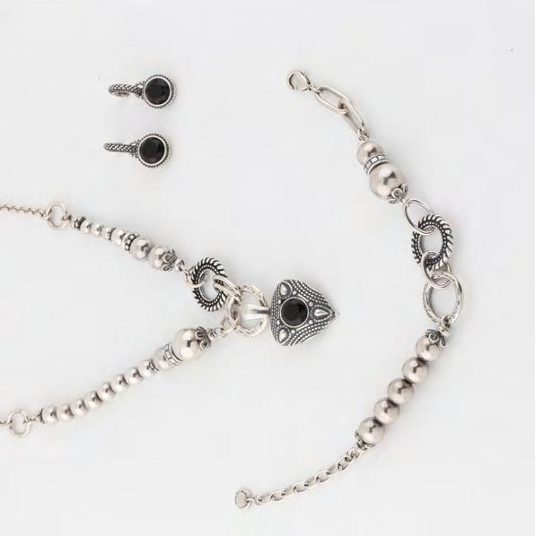 Swarovski crystals finished with t-bar and fob Length: 45cm worn short / 90cm worn long 125 Ancient Love Drop E4097 Swarovski crystal and hematite drop earrings Edie Bracelet B1443 Classic burnished