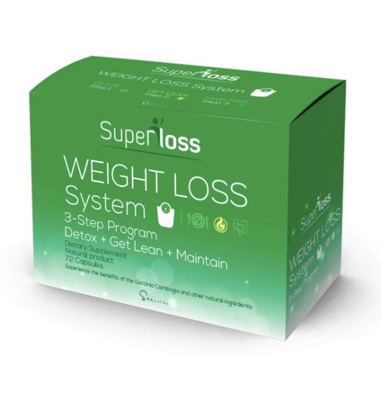 Superloss Weight Loss System A dietary supplement that helps losing weight in 3 steps: detoxifying the body, burning fat with L-Carnitine and maintaining the results with Garcinia Cambogia while