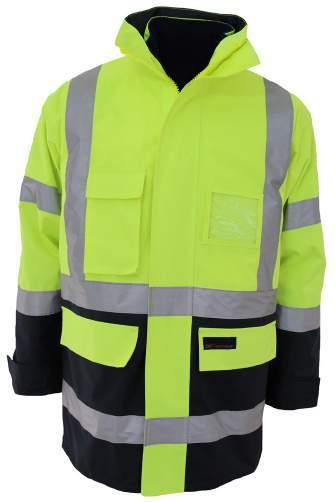 3965 HIVIS H PATTERN D/N R/VEST concealed hood, storm cuffs with adjustable sleeve tabs, clear ID & phone pockets,  200D polyester/pvc.