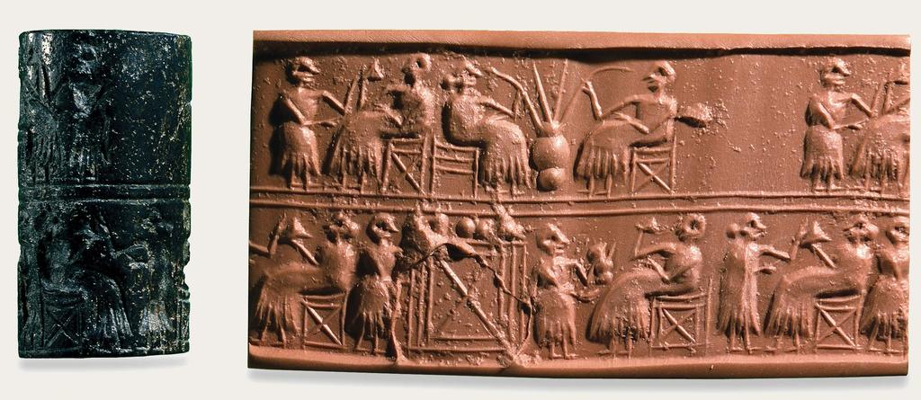 Figure 2-11 Banquet scene, cylinder seal (left) and its modern impression (right), from the tomb of Pu-abi (tomb