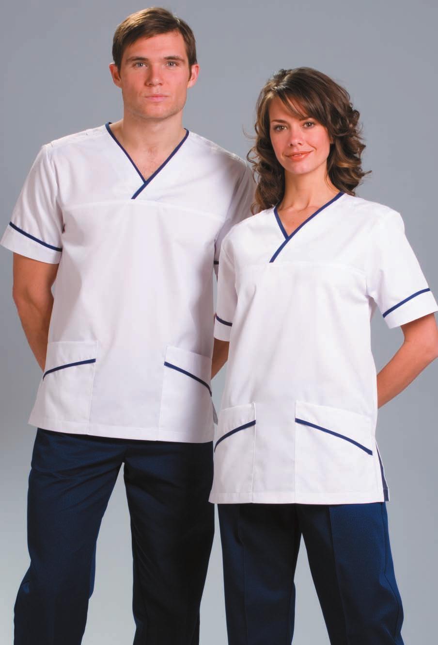 TU001 V-neck slip on unisex tunic worn by staff at the Royal Buckinghamshire Hospital and a favourite with nursing staff. P009 (ladies) PP003 (mens) Classic leg trouser.