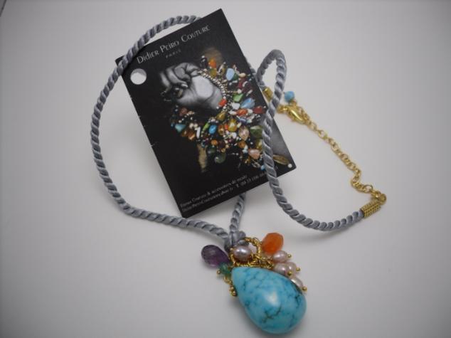 Necklace DP_#0015 24 carat gold plated, silk cord, charm, Turquoise,