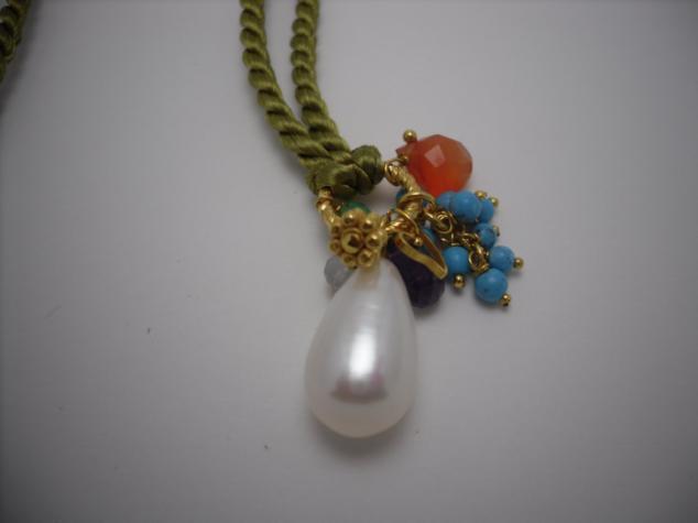 Necklace DP_#0004 24 carat gold plated, silk cord, charm, Pearl,