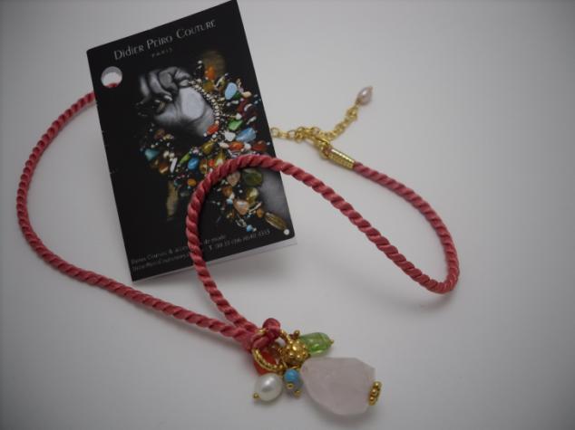 Necklace DP_#0016 24 carat gold plated, silk cord, charm, Rose Quartz,