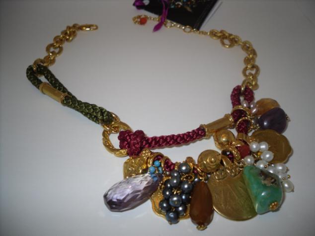 Necklace DP_#0500 24 carat gold plated coins and charms, silk cord, Jade