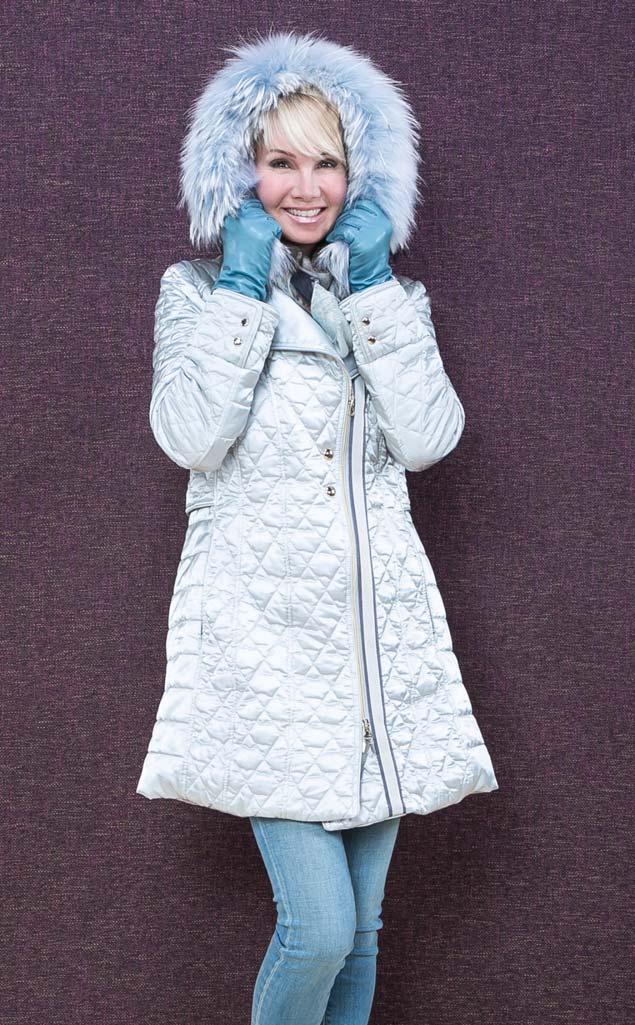JNC OF ITALY quilted puffer with gold hardware and fox trimmed hood. Ice Blue, Champagne, Grey.
