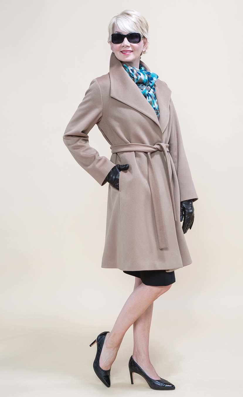 BARRINGTON S OWN 100% superfine wool 7/8 s wrap coat. Camel only. Sizes 6 to 14 $895 Made in Canada! AMET AND LADOUE wool and silk scarf.