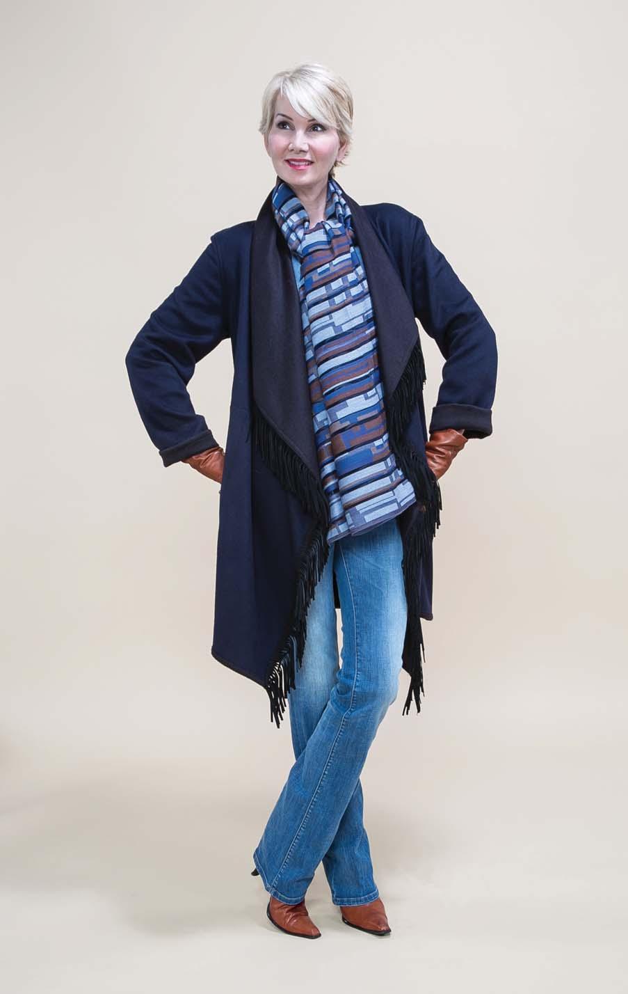 Shop on line at SOFIA CASHMERE double faced wool wrap with suede fringe. Navy to black only.