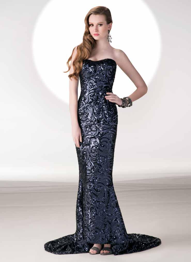 Featuring all-over navy sequins, this dress shines with old Hollywood bombshell style that is very simple and elegant and which is contrasted beautifully by the intricate and unique swirl design in