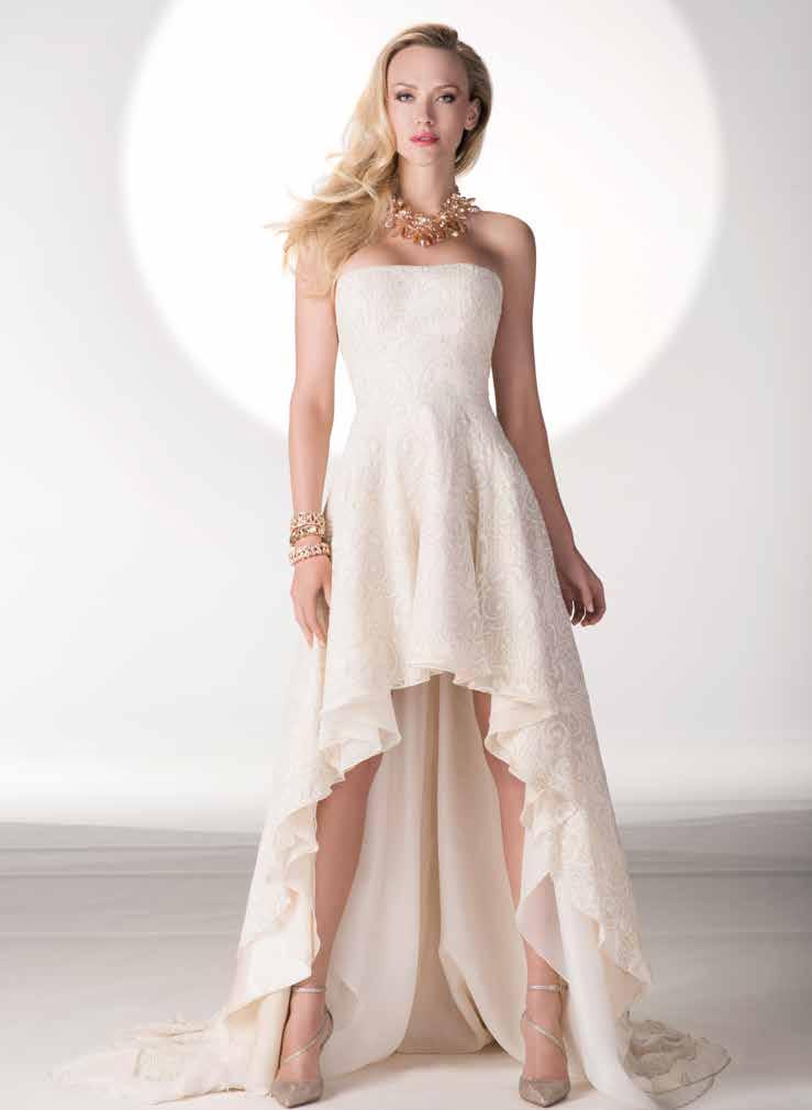 A strapless embroidered chiffon fluted hi-low dress with a modern silhouette inspired by the clean lines of a calla lily.