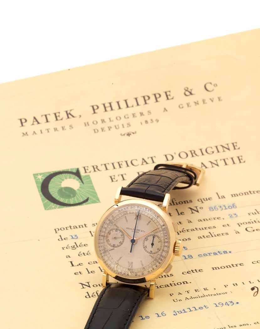 432 Patek Philippe. A fine and rare 18ct gold chronograph wristwatch with pulsation dial and Original Certificate of Origin Ref:591, Case:631635, Movement No.