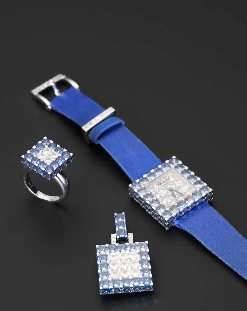 212 Chopard. A fine and rare 18ct white gold, diamond and sapphire set watch with pendant and matching ring Ice Cube, retailed by De Grisogono, Numbered No.