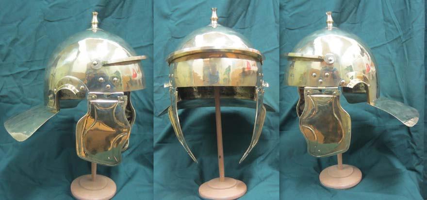 The Weisenau helmet from Sexaginta Prista assembled and ready for use. Collage showing the back of the helmet.