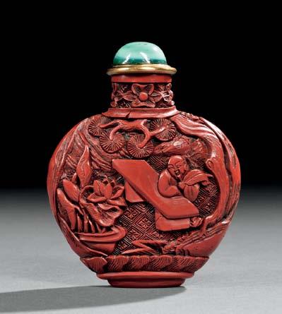 5 6 5 Cinnabar Snuff Bottle with a Landscape, China, 18th/19th century, flattened oval form with straight neck, resting on a short elongated oval foot, carved in high relief with a continuous Daoist