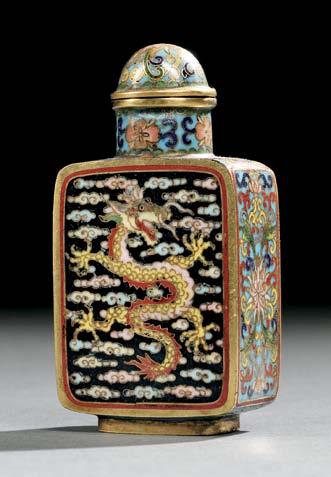 17 18 17 Cloisonné Snuff Bottle with Dragon and Phoenix, China, Qing dynasty, rectangular with flattened sides, straight round neck, and short rounded rectangular foot, gilt edges and rims, the body