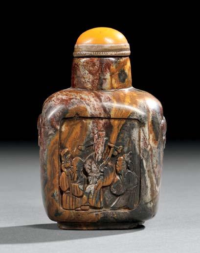 27 28 27 Soapstone Snuff Bottle with Figures, China, 18th/19th century, flattened rectangular form with rounded corners and slightly