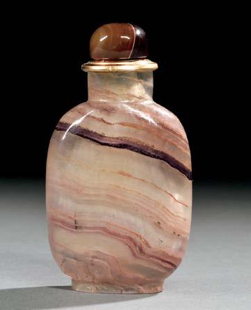 39 40 39 Banded Agate Snuff Bottle, China, Qing dynasty, flattened, rounded rectangular shape with straight neck, resting on an oval foot rim, transparent grayish stone with pink to deep purple