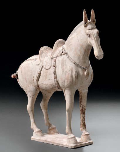 50 Pottery Caparisoned Mule, China, Tang dynasty-style, of finely modeled terra-cotta, with an expressive face and alert ears and an