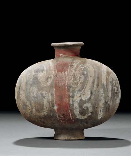 $1,500-2,000 55 Painted Pottery Cocoon Jar, China, Han dynasty-style, with a short, round neck with everted rim and recessed flared foot,
