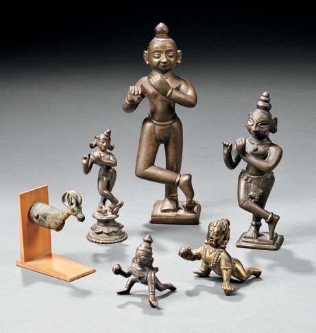 73 73 Six Bronze Items, Asia, five figures of Krishna, three standing on his left foot with his right foot pointing downwards, on bases, ht.