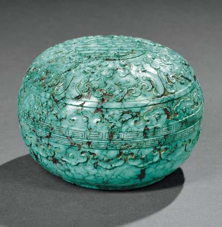 90 Turquoise Covered Bowl, China, flat bowl shape with a flanged mouth rim, resting on a short raised foot, the exterior decorated in bas relief with a meander band and a