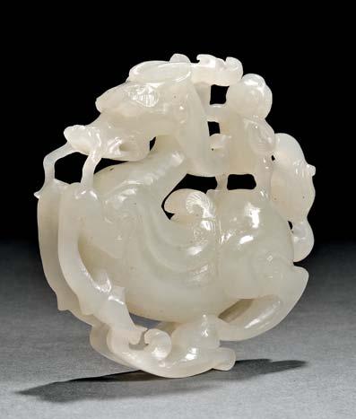 92 93 92 Jade Carving of the Heavenly Horse Tianma, China, with a standing boy riding on its back, its beard, horns, mane, wings,