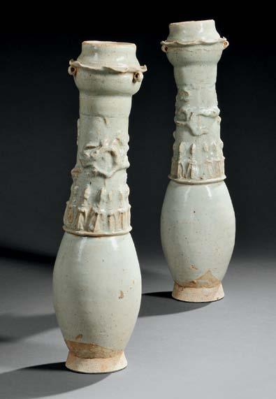 97 98 97 Pair of Glazed Burial Pottery Urns, China, Song dynasty-style, elongated oviform, with a long neck topped with a mouth in the shape of a lobed bowl covered with an upturned dish, resting on