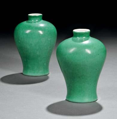 122 123 122 Pair of Small Green-glazed Vases, China, 18th/19th century, meiping form with waisted neck and flat rim, the glaze mottled in green tones, white-glazed
