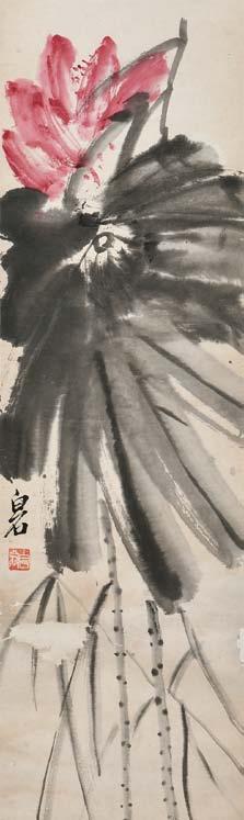 $3,000-5,000 156 Hanging Scroll Depicting Lotus, China, in the manner of Qi Baishi (1864-1957), with a red flower and