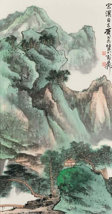 157 Landscape Painting, China, in the manner of Guan Shanyue (1912-2000), seen in a panoramic view, with mountains, a waterfall, and the Lijang river with figures on boats, inscribed with a title and