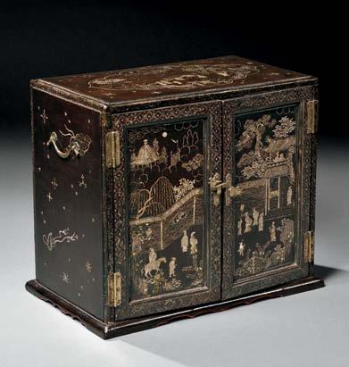 166 Lacquered Table Cabinet, China, 19th century, the top and two doors with motherof-pearl inlay depicting a garden celebration, sides and back with inlaid floral motifs and musical instruments, the