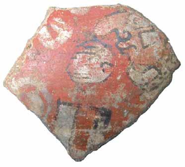 450 years too soon 245 12. Banderas sherd with a depiction of Ek Chuah. Provenience: Acropolis, cho8-70, base of wall of upper terrace of Western Terraces. Photo: Paúl E. Amaroli B.