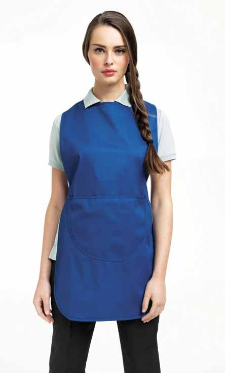 1 Ladies long pocket tabard CODE: PR172 Long tabard with pocket, colour matched bias trim, side tabs with adjustable stud fastened closures.