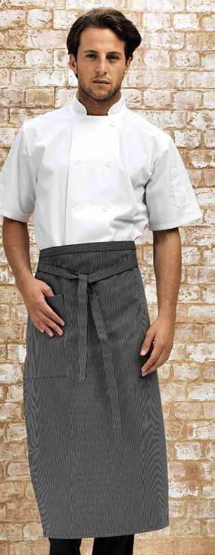 Gastronomy STYLISH SHAPED APRON 1 Gastronomy waist apron CODE: PR164 Tapered waist apron in a woven stripe with a feature side pocket and self fabric ties.