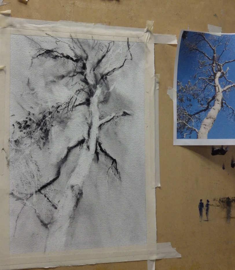 instance. 2) Still using the charcoal filled rag, the various elements are then slowly more defined and sharpened.