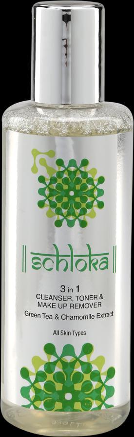 SCHLOKA 3 IN 1 CLEANSER, TONER & MAKEUP REMOVER BENEFITS FEATURES Clams & soothes skin Tones and Removes makeup Reduces sun damage Enriched with Chamomile &