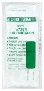 individual wipes per outer carton Briemar Sterile Water Irrigation Sachet Sterile (gamma irradiated) Water for Irrigation - 30mL per sachet Sachet Size: 130mm x