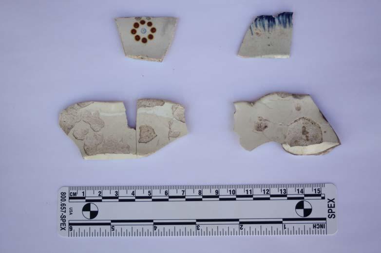 #78); right, refined white earthenware brown transfer printed teacup from Lot 3 (Cat. #380). Bottom. Left, moulded ironstone table plate from Lot 3 (Cat.