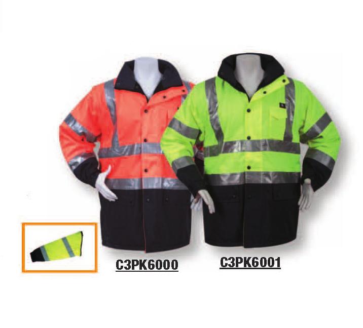 ANSI CLASS III FOUL WEATHER GEAR C3WIN5000 ORANGE / C3WIN5001 LIME Lightweight waterproof parka/rain jacket ANSI 2010 Weatherproof outer shell constructed of 300D PU coated ANSI certified fluorescent
