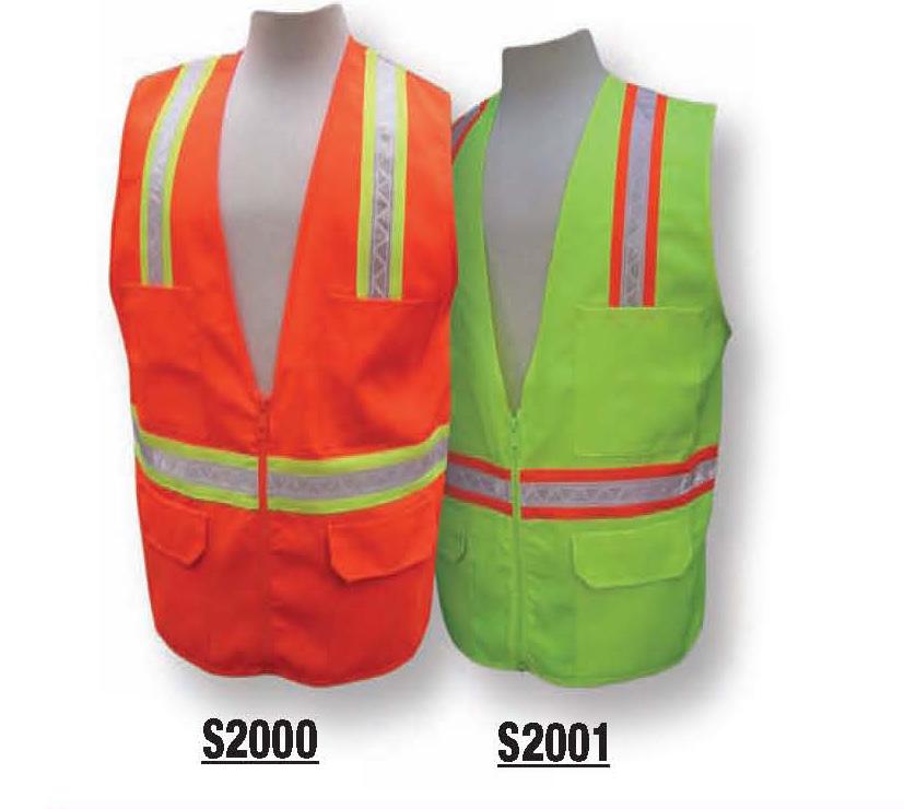 MULTI-POCKET SURVEYOR S VESTS S2200 ORANGE / S2001 LIME 100% new light weight fluorescent polyester fabric Full mesh back for more air flow Non-conductive nylon zipper front closure Two individual