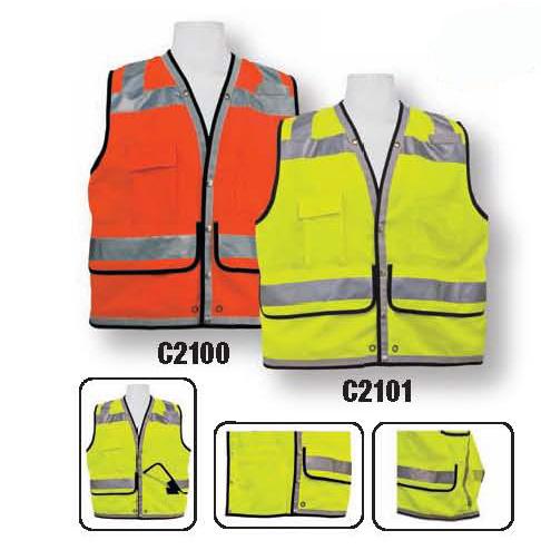 light weight fluorescent polyester fabric Full mesh back for more air flow Non-conductive nylon zipper front closure Two individual chest pockets for pens/radio Two flapped velcro closure pockets Two