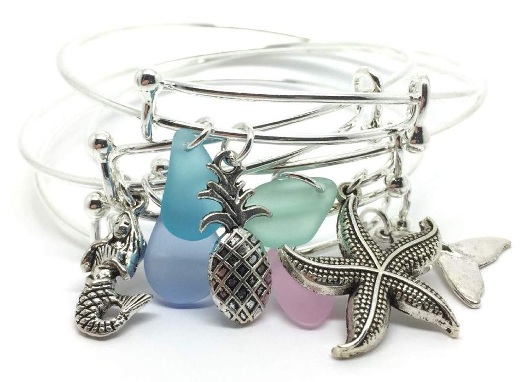 Expandable Sea Glass Bangles: $7.50ea. Includes Coastal Charm & Choice of Sea Glass Color Add A Genuine Freshwater Pearl for Only $1.