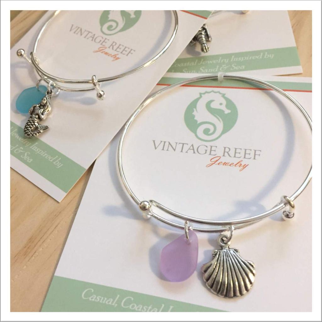 color) With Pearl: CBP-(charm style number)-(sea glass color) For Example: Mermaid Charm with Aqua Sea Glass: CB-05-AQUA Bangles are Silver-Plated.