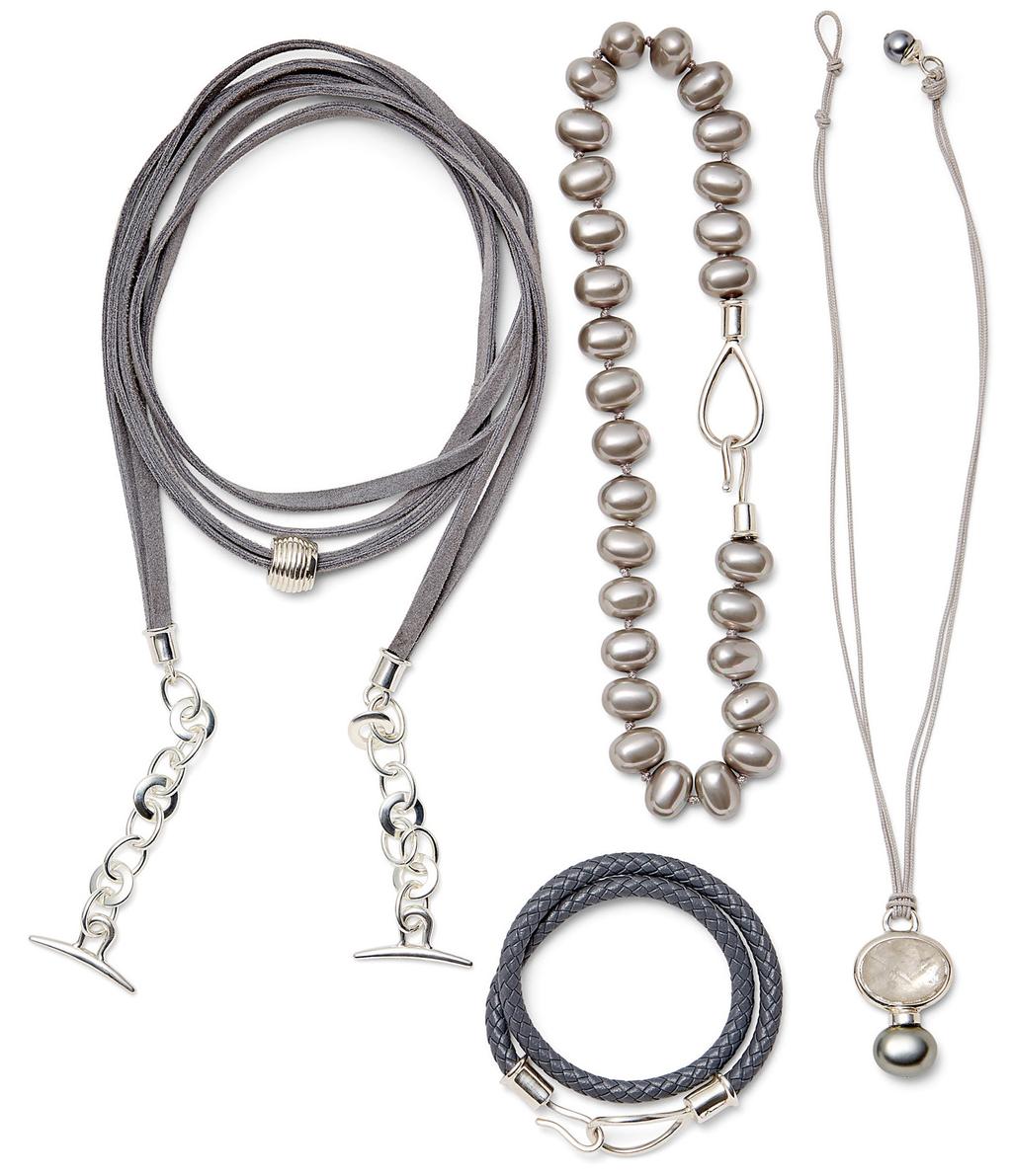Classic Silver Holiday 07 Grey suede lariat with sliding sterling silver details NUBUCK-LARIAT-S/S Lasso and hook clasp necklace hand knotted with mini slate pebble pearls 7 LP-M Lasso hook braided