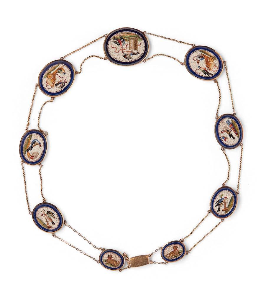 micro-mosaic panel necklace composed of nine graduated micromosaic panels depicting various birds and dogs in classical settings, each joined by double yellow metal
