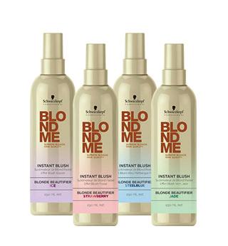 Instant BlondMe Blush This is for blondes who fancy a short-term on-trend change, with 4 spray-on soft pastel shades to choose from to match your mood: Ice, Strawberry, Steelblue and Jade.