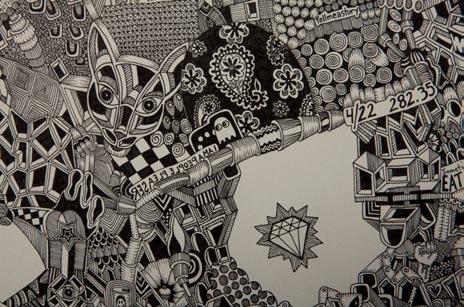 Andrade nearly smothers the 31-by-50-inch sheet of paper with inked ramblings, doodles, intricate patterns, propositions, reflections and self-doubts: I have the best taste in music.