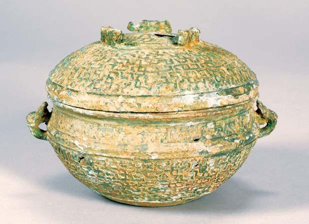 330 330. Bronze Vessel, China, possibly Warring states period (6th-4th century B.C.), Kuei-type, animal finials and handles, body covered with spirals, thick malachite patina, dia. 7 331.