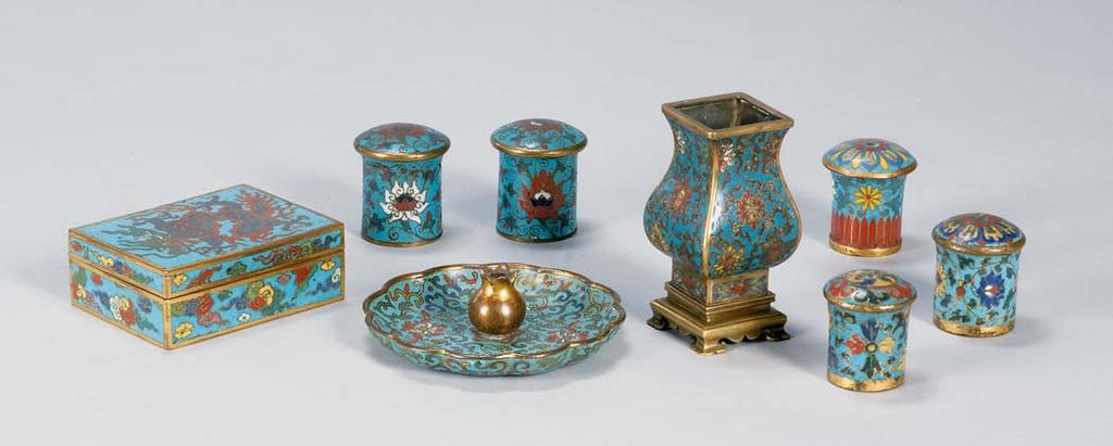 Joss Stick Holder, China, 18th century, cloisonné and gilt bronze, designs of stylized lotus on a turquoise ground, holder in the form of a pomegranate, dia.